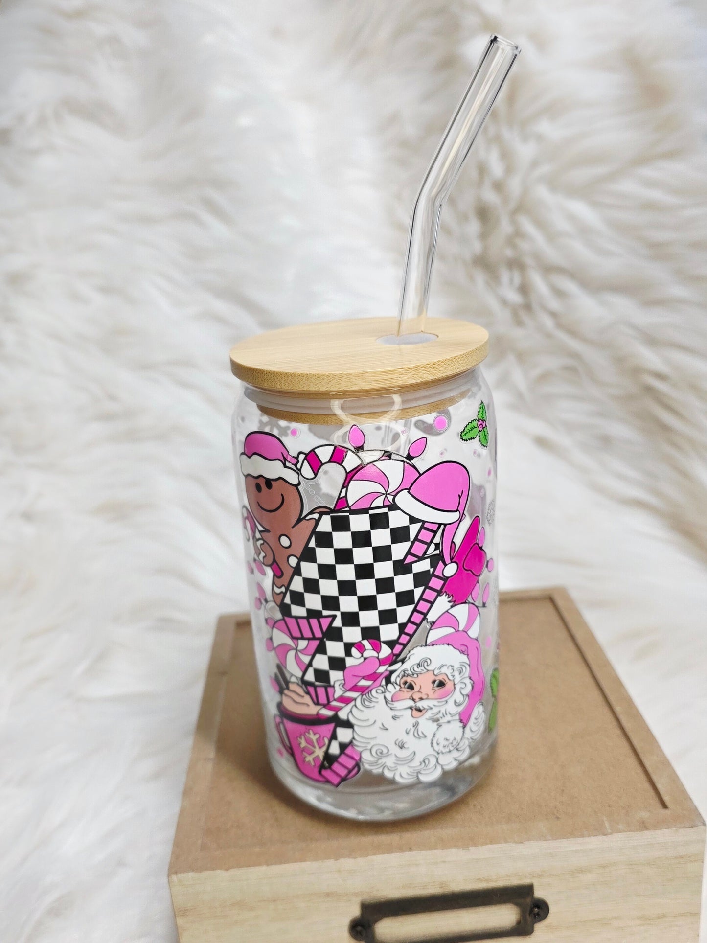 16 oz Pink Santa Glass Tumbler