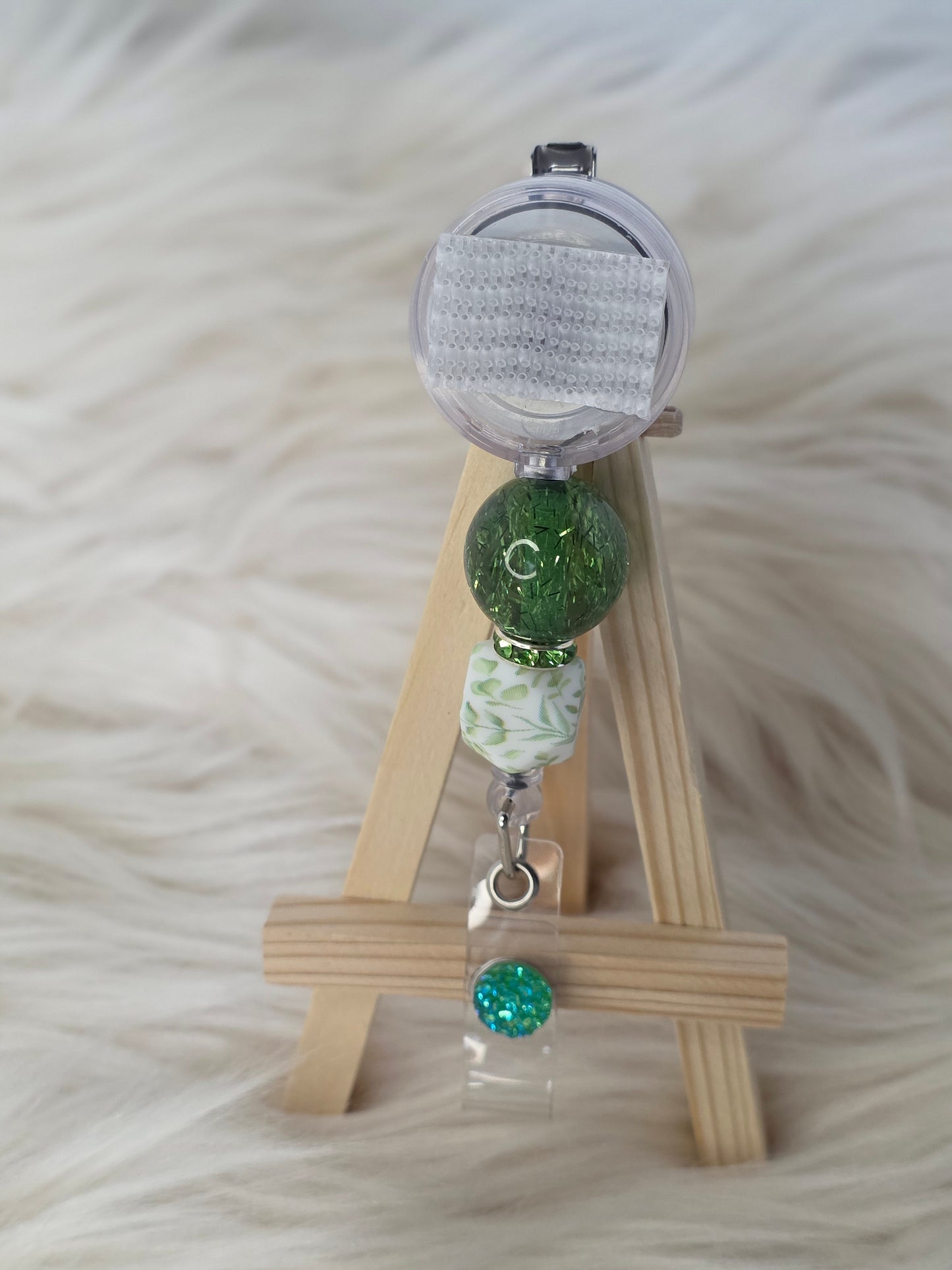 Green Interchangeable Beaded Badge Reel(Alligator Clip)