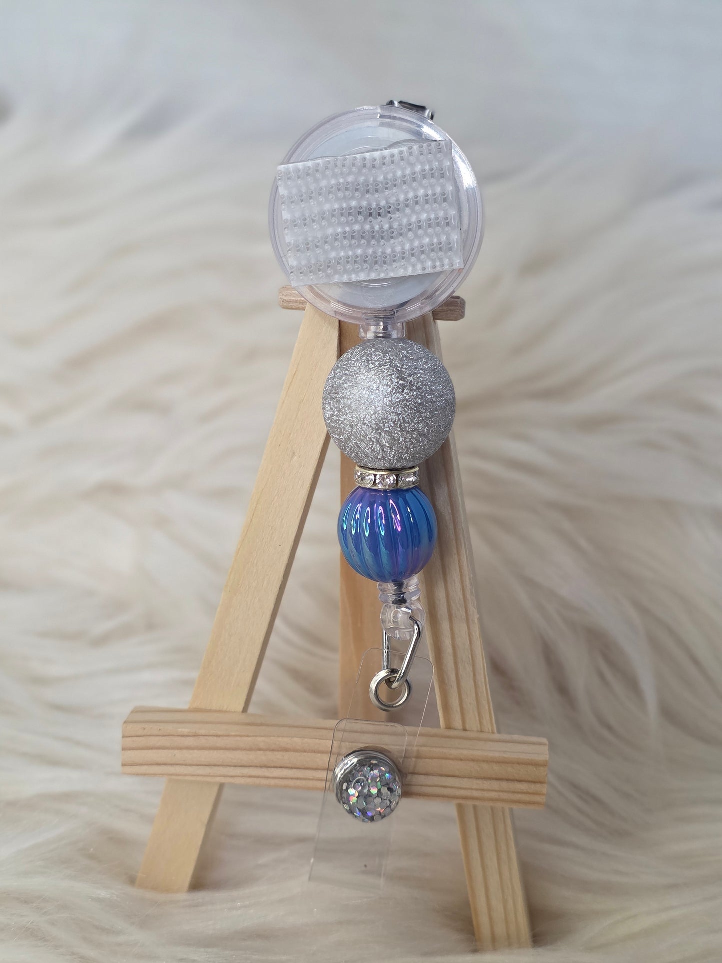 Silver and Blue Interchangeable Beaded Badge Reel(Alligator Clip)