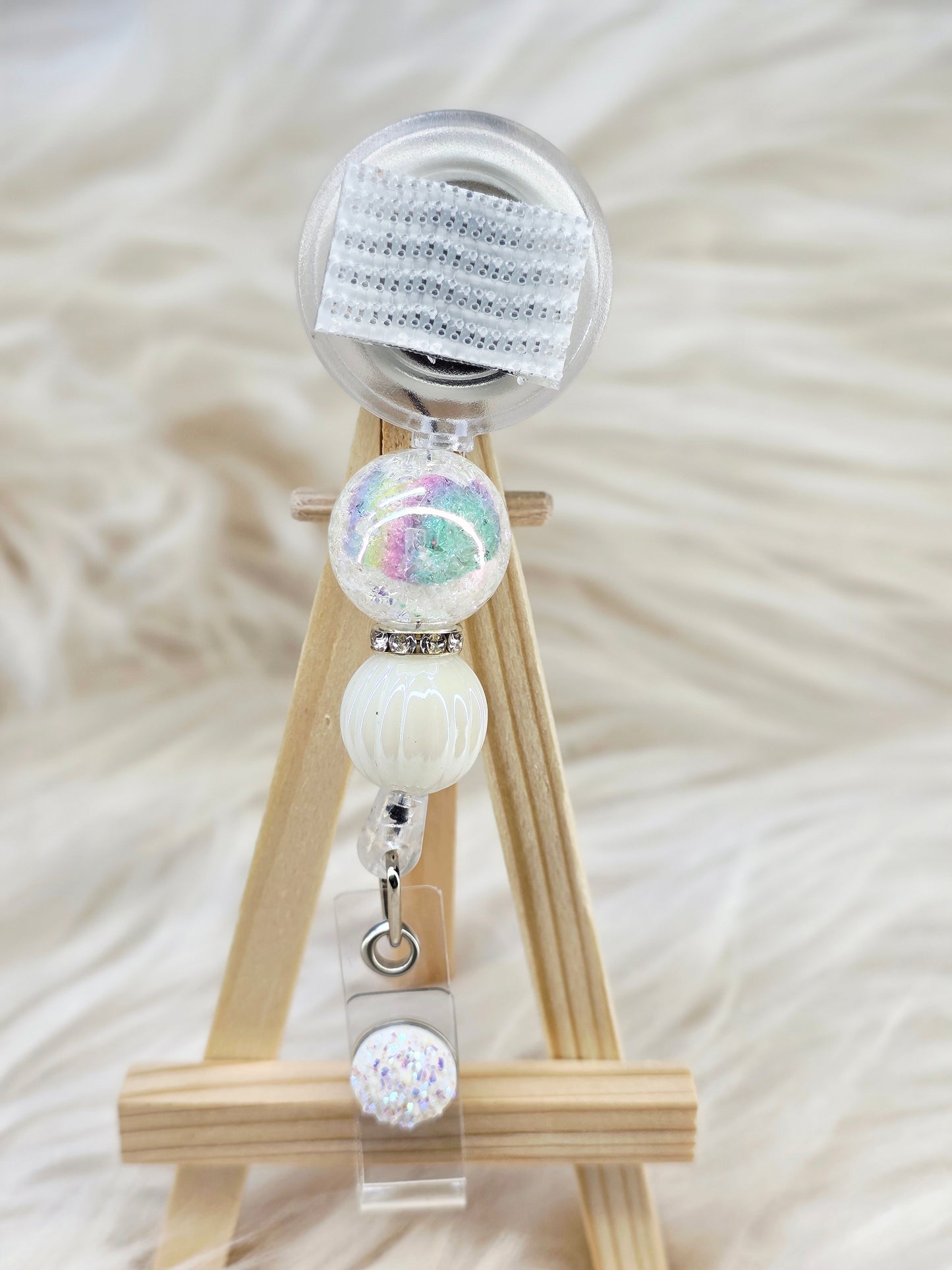 White Beaded Interchangeable Badge Reel (Belt Clip)