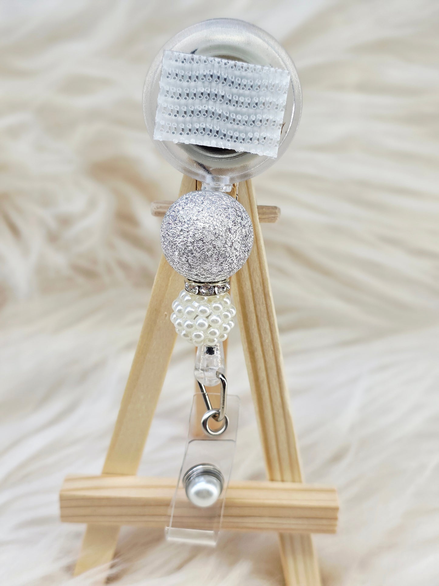 Silver/Pearl Beaded Interchangeable Badge Reel (Belt Clip)