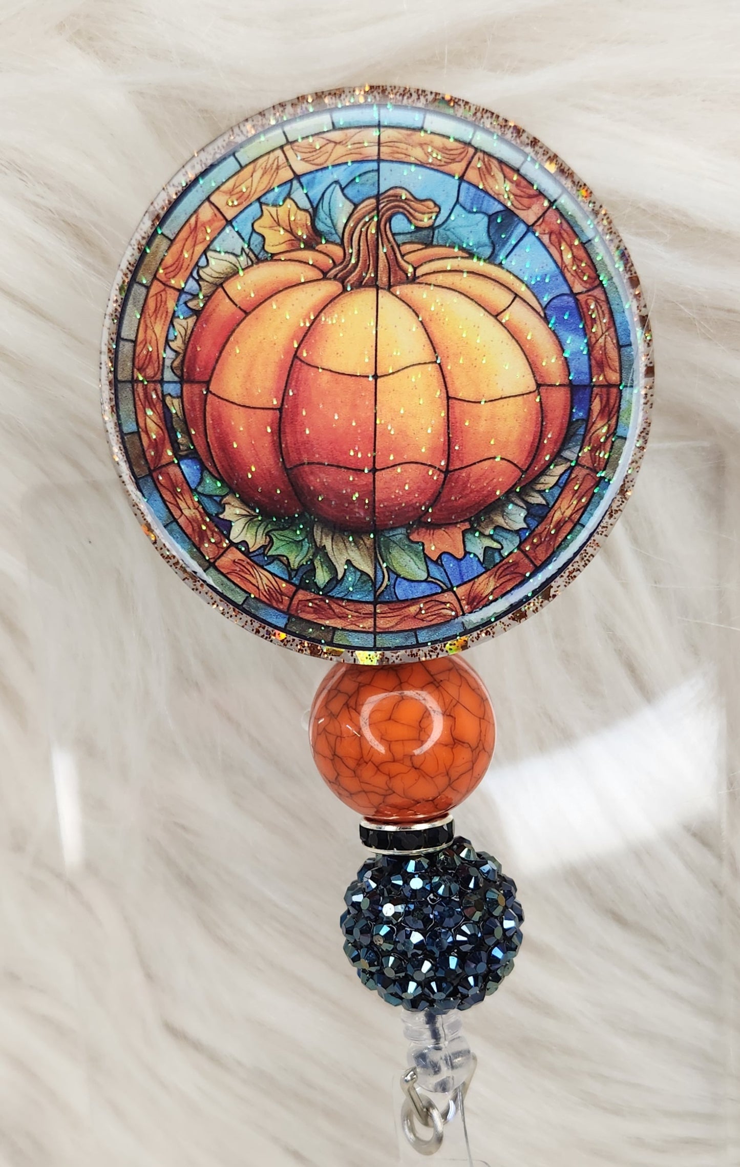 Stained Glass Pumpkin Badge Reel Face