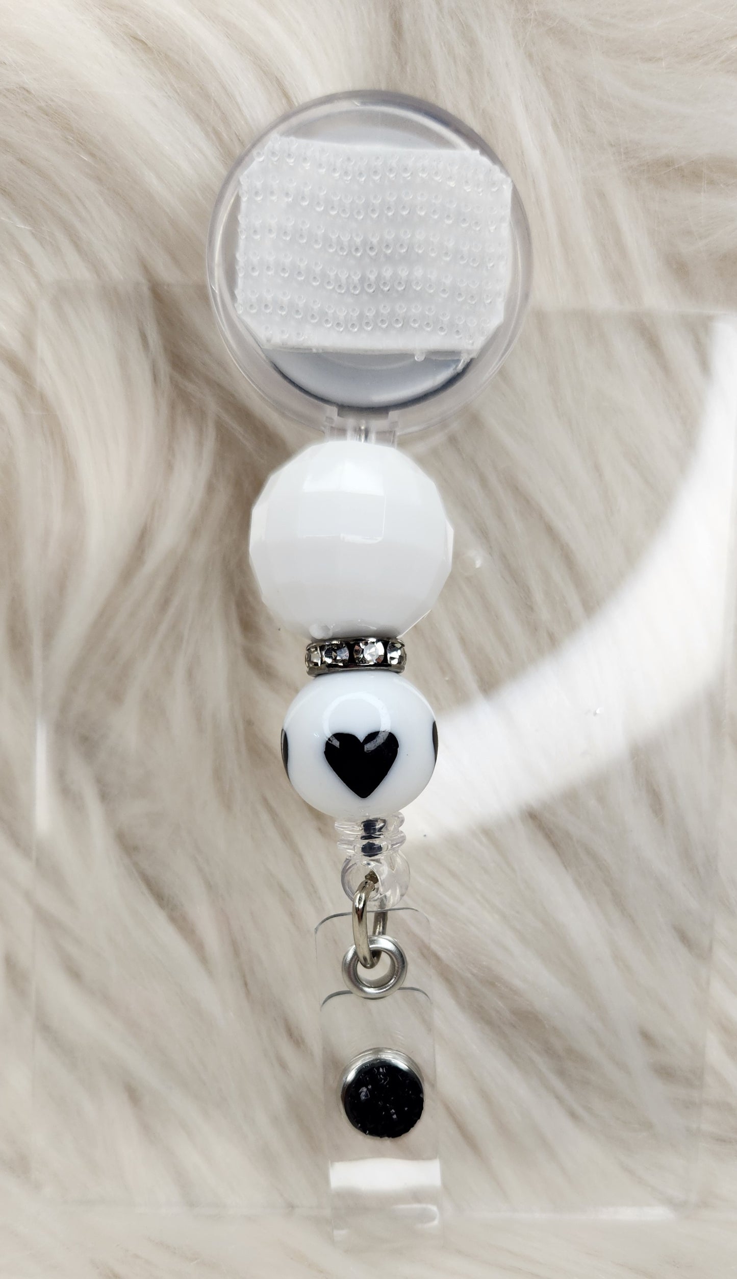 White Black Heart Badge Reel(Alligator Clip)