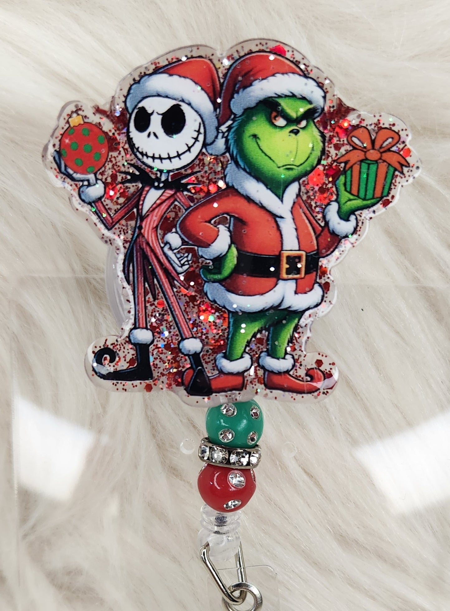 Christmas Green Man Skeleton Man Badge Reel Face