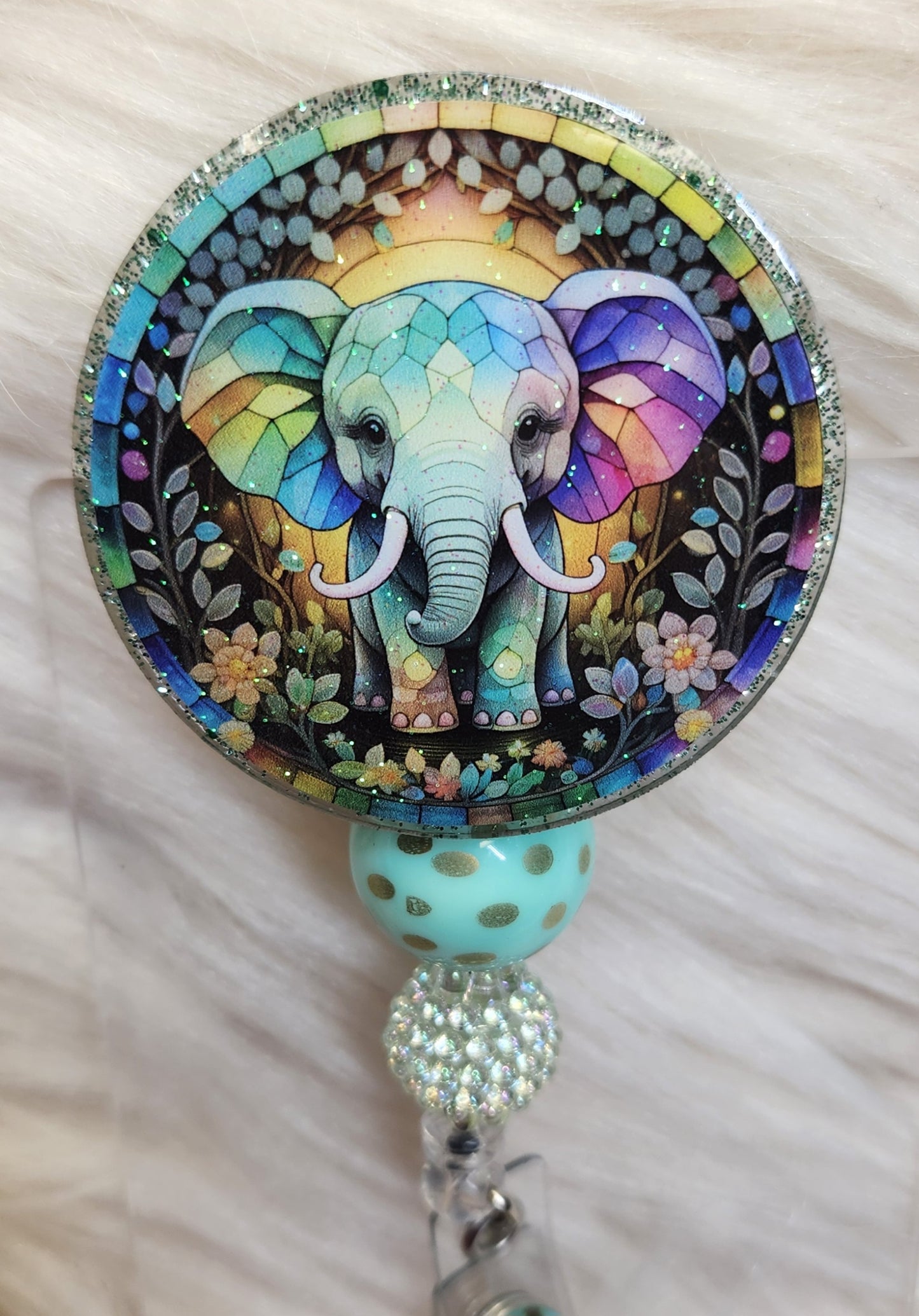 Stained Glass Elephant Badge Reel Face