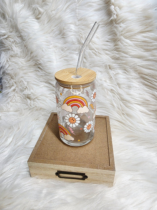 16 oz Rainbow flower Glass Tumbler