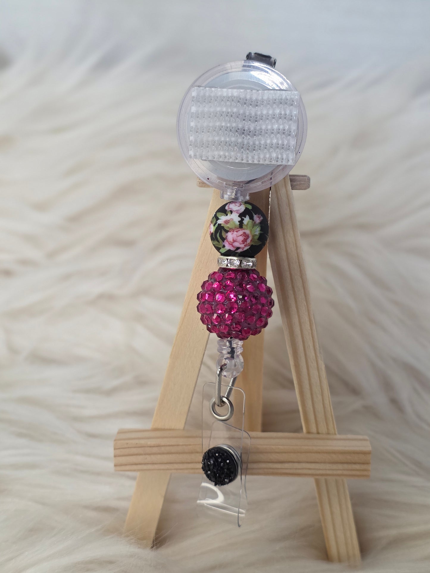 Black and Pink Floral Interchangeable Beaded Badge Reel(Alligator Clip)