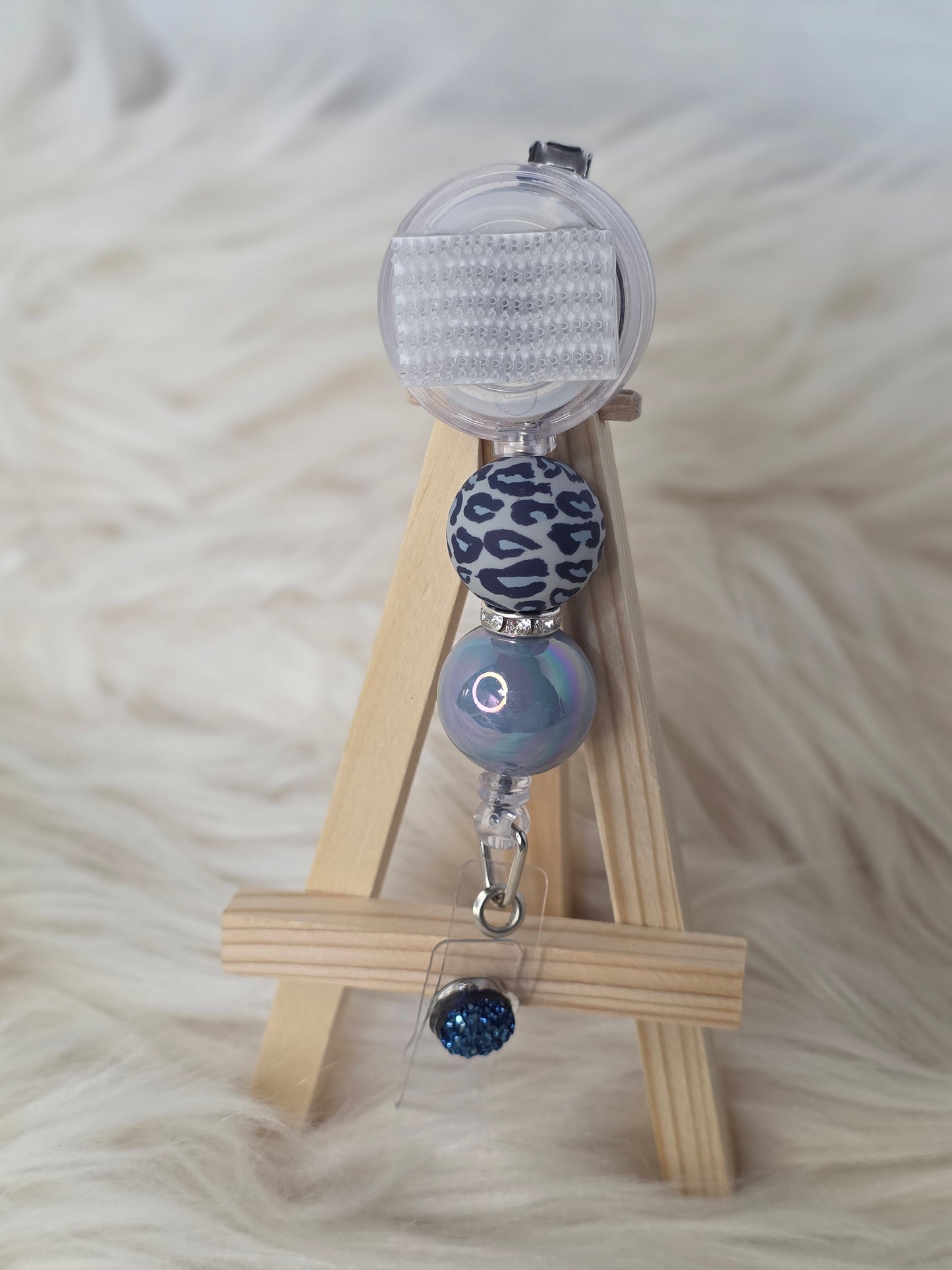 Blue Leopard Interchangeable Beaded Badge Reel(Alligator Clip)