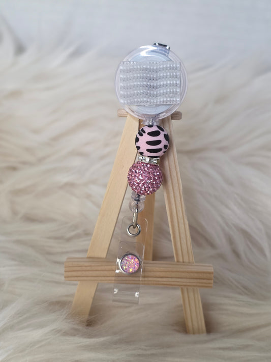 Pink Cow Print Interchangeable Beaded Badge Reel(Alligator Clip)