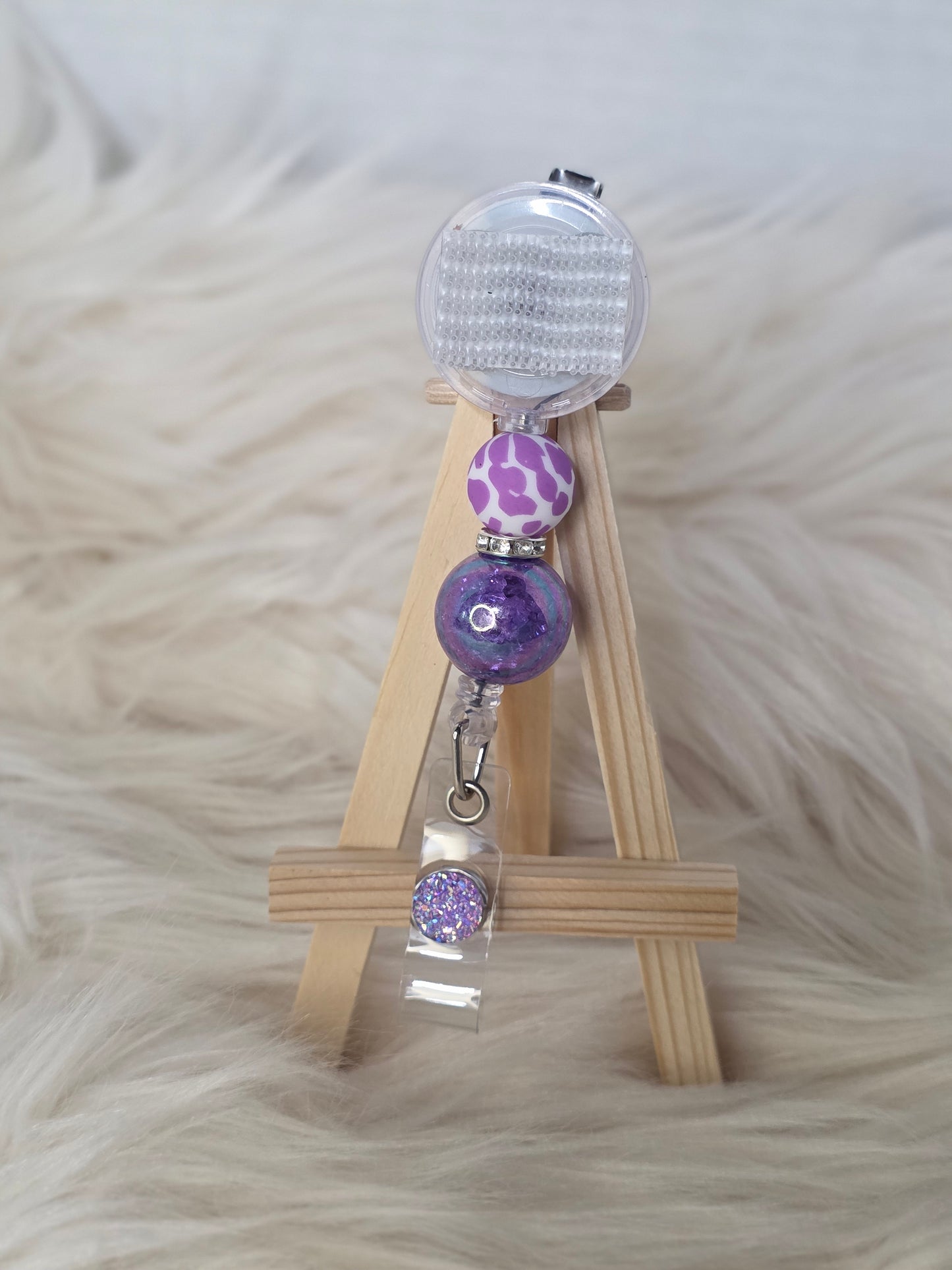 Purple Cow Print Interchangeable Beaded Badge Reel(Alligator Clip)