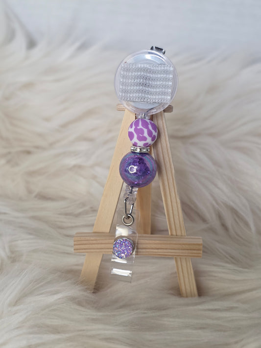 Purple Cow Print Interchangeable Beaded Badge Reel(Alligator Clip)