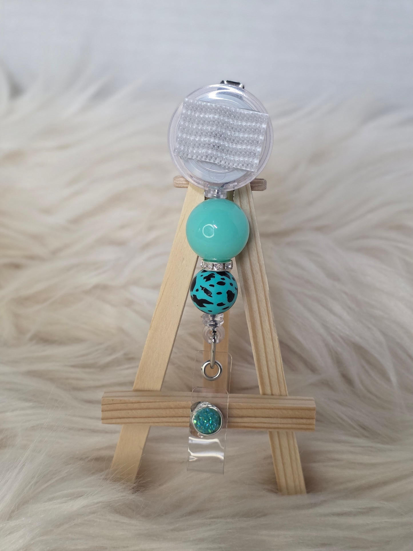 Teal Cow Print Interchangeable Beaded Badge Reel(Alligator Clip)