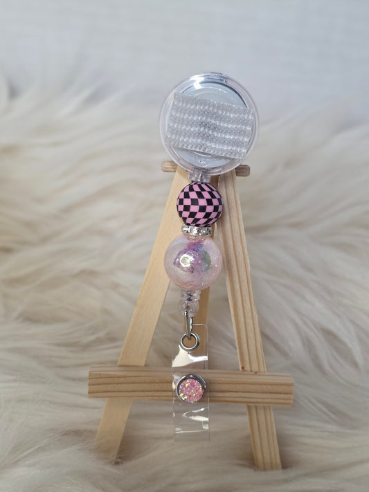 Pink Checkered Interchangeable Beaded Badge Reel(Alligator Clip)