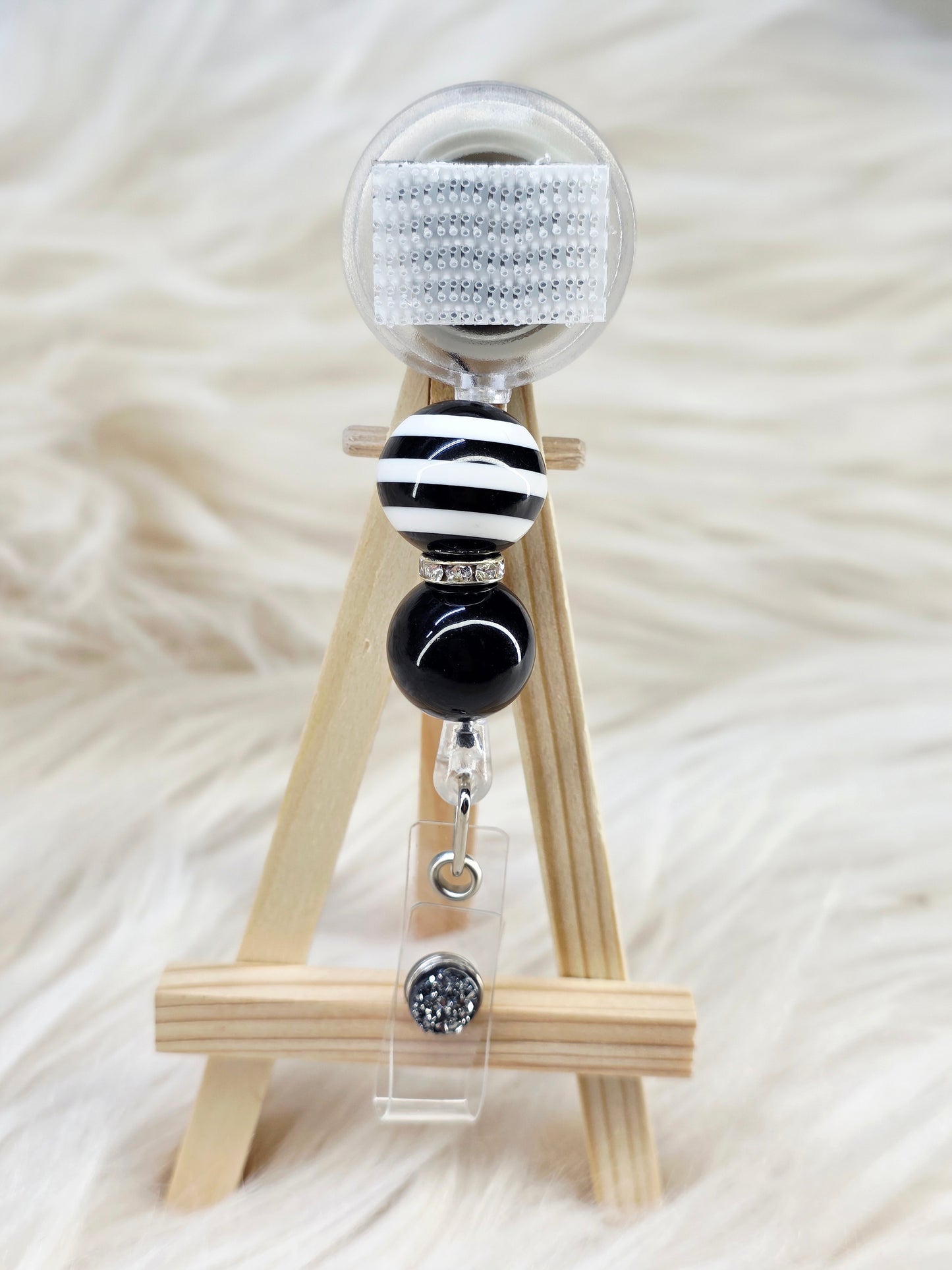 Black Stripe Beaded Badge Reel (Belt Clip)