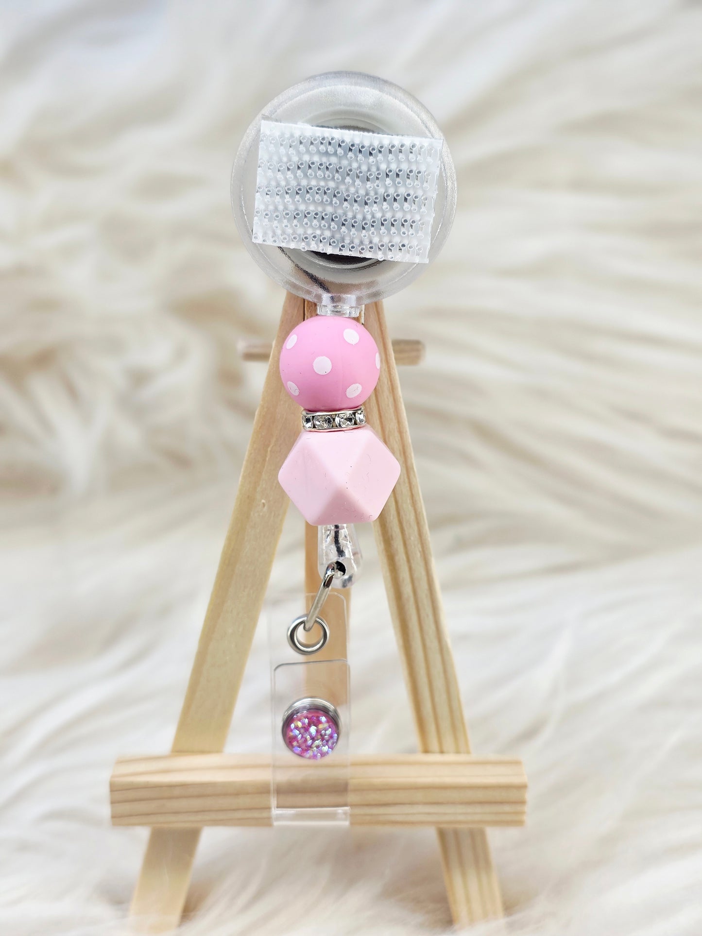 Pink Dot Beaded Interchangeable Badge Reel (Belt Clip)