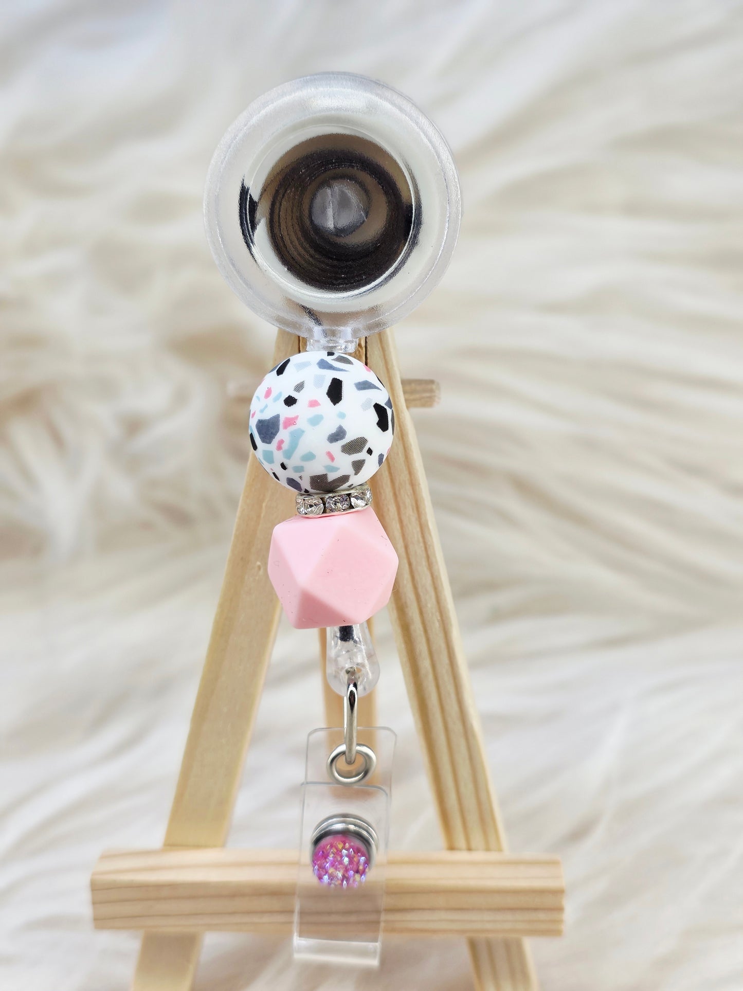 Pink Beaded Interchangeable Badge Reel (Belt Clip)