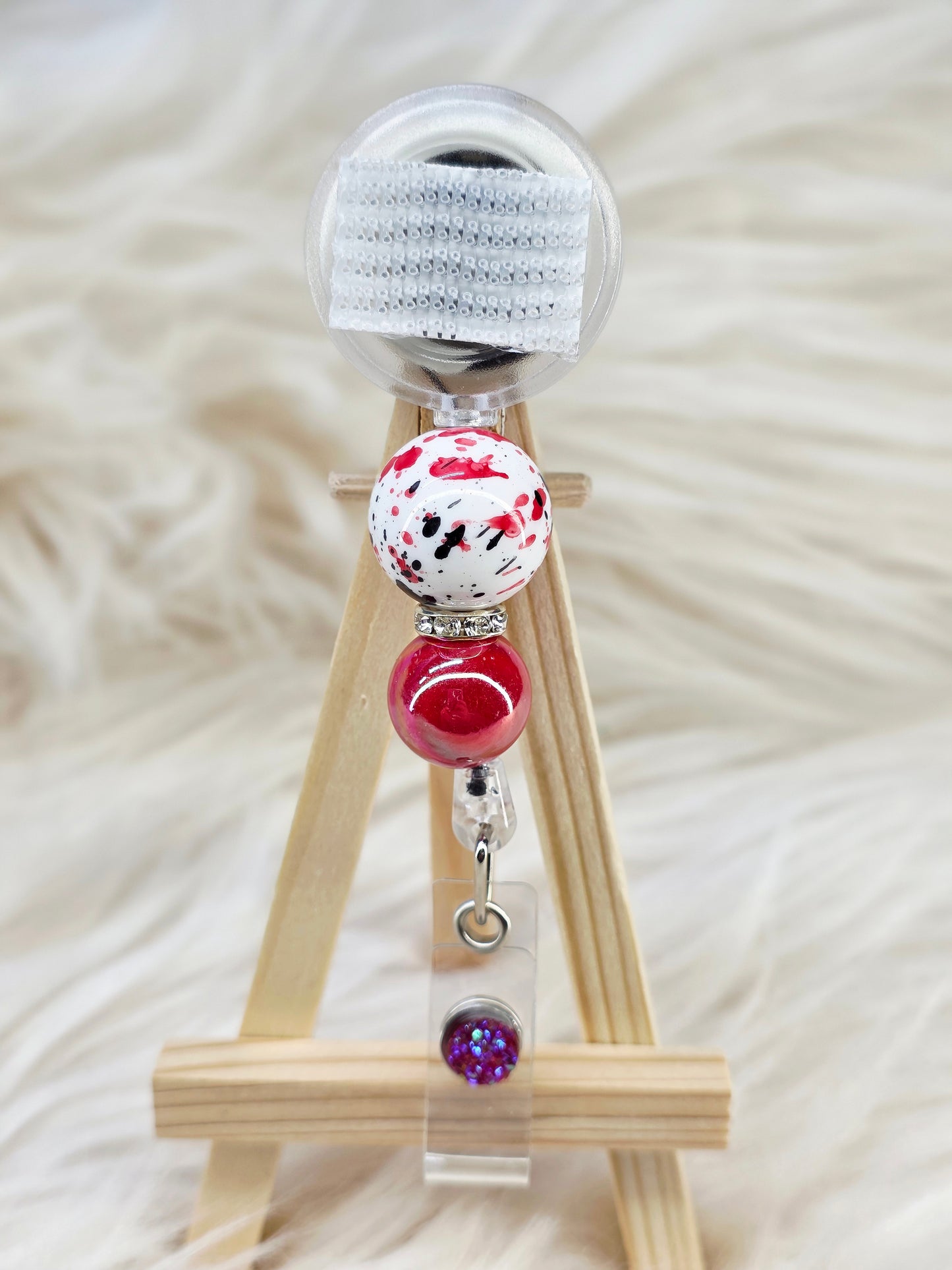 Red Splatter Beaded Interchangeable Badge Reel (Belt Clip)