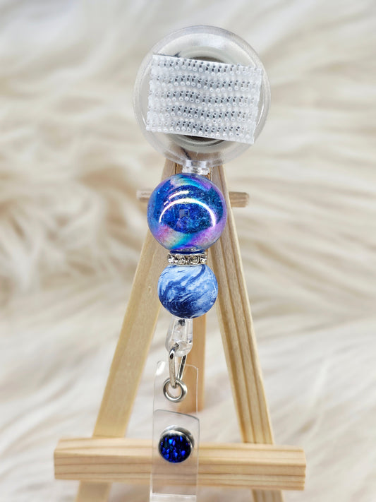Blue Beaded Interchangeable Badge Reel (Belt Clip)