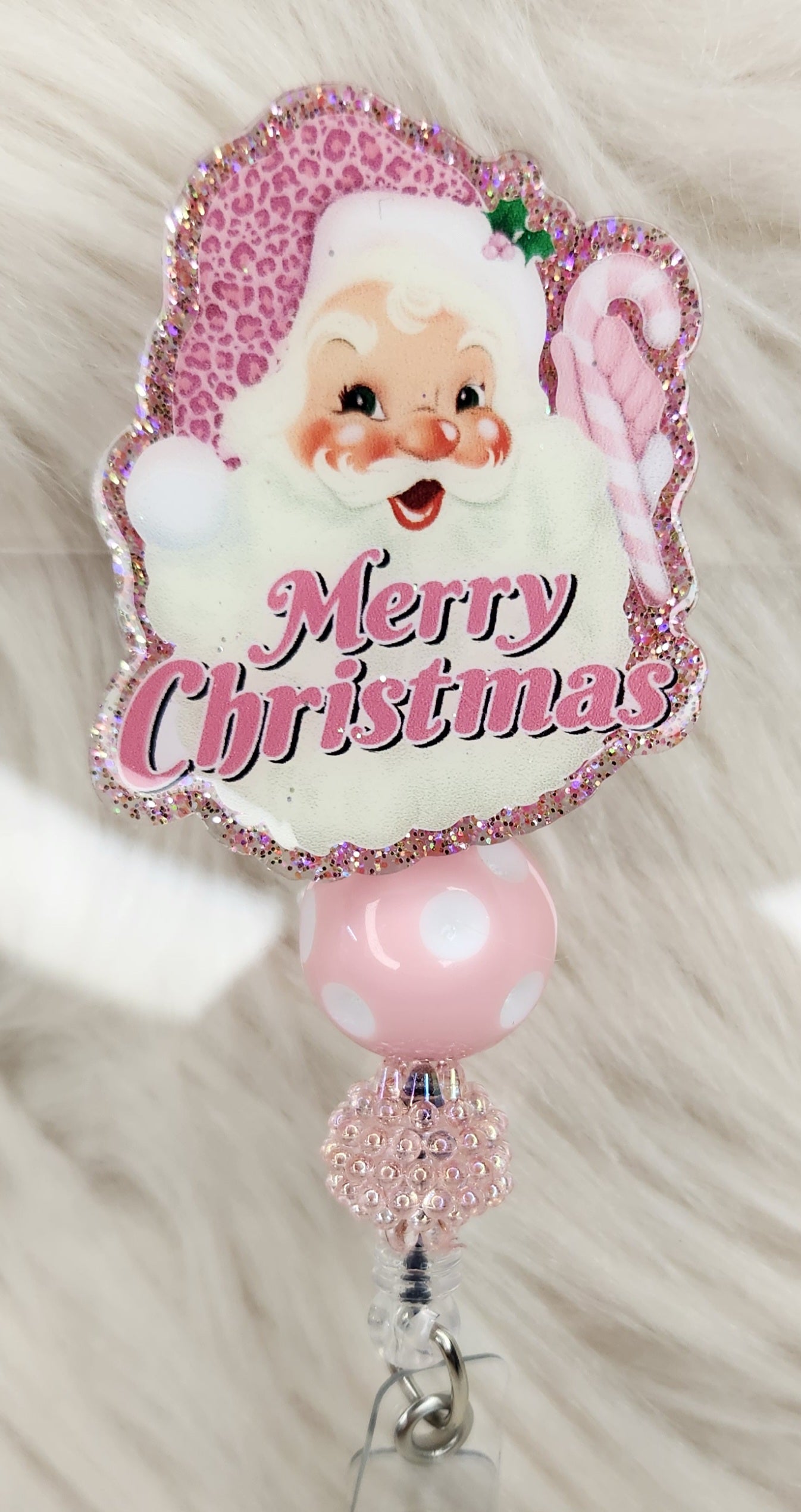 Merry Christmas Pink Santa Badge Reel Face