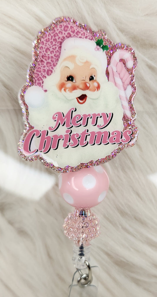 Merry Christmas Pink Santa Badge Reel Face
