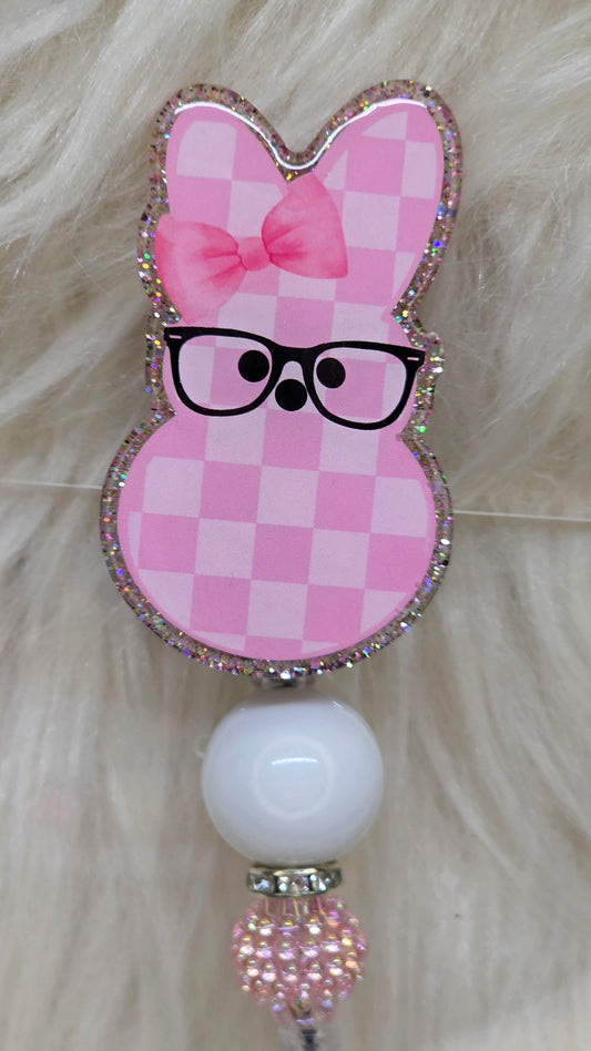 Pink Bunny with Glasses Badge Reel Face