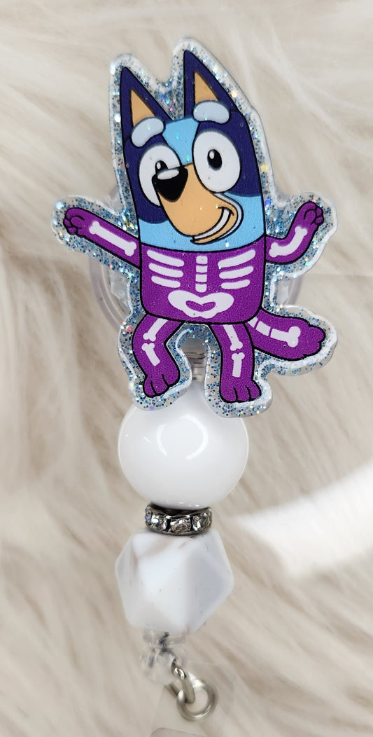 Blue Dog Skeleton Badge Reel Face