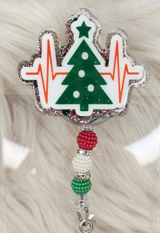 Christmas Tree Heartbeat Badge Reel Face