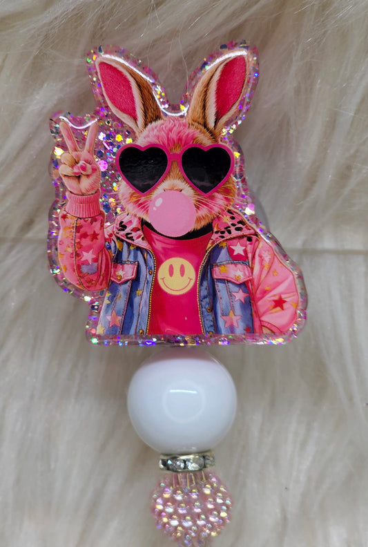 Pink Bunny Bubble Badge Reel Face
