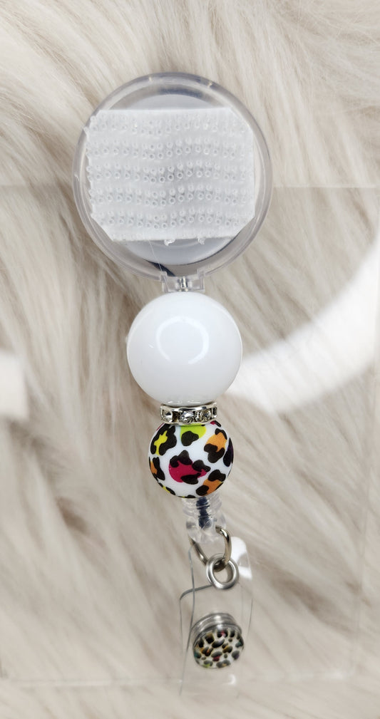 White Bright Cheetah Badge Reel(Alligator Clip)